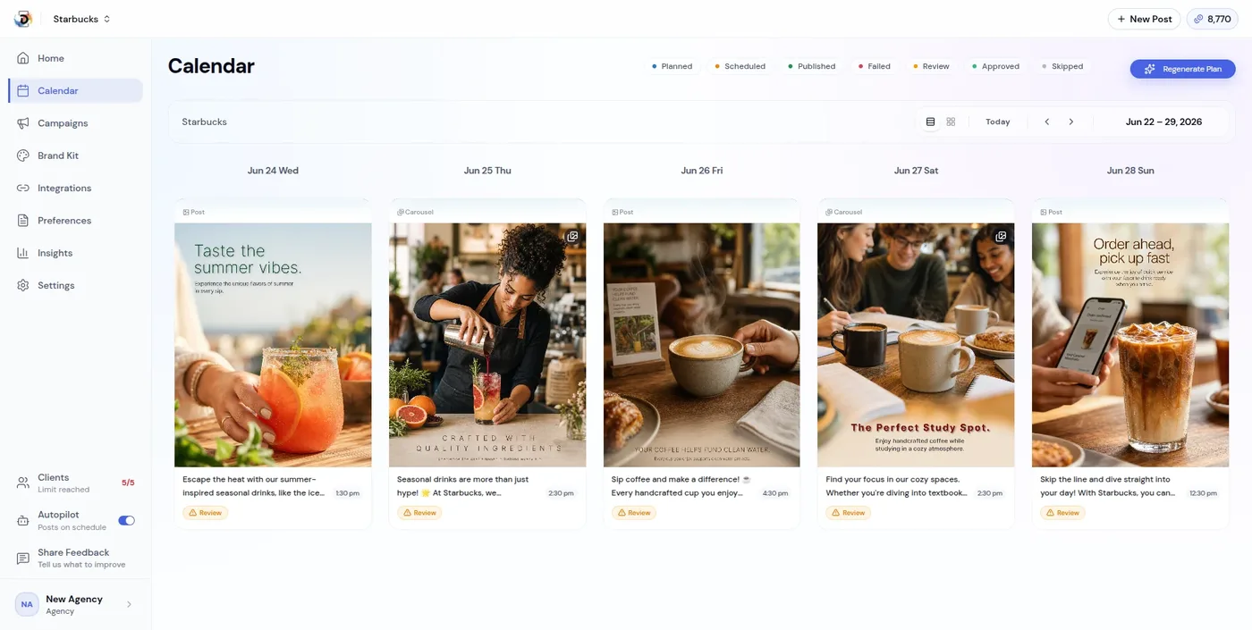 DrawPost AI content calendar — scheduled social posts for a brand