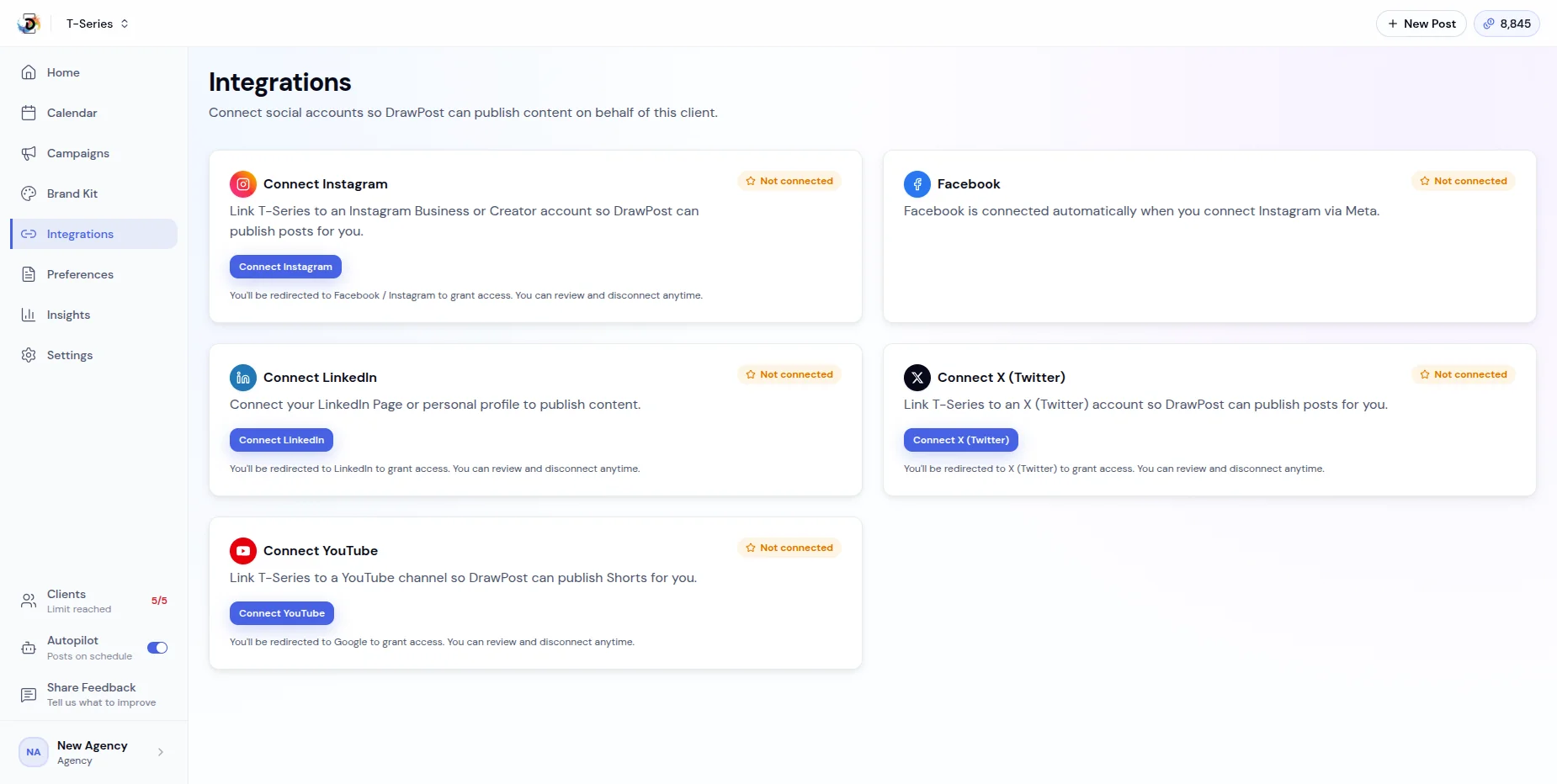 DrawPost social integrations across Instagram, Facebook, X, LinkedIn and YouTube