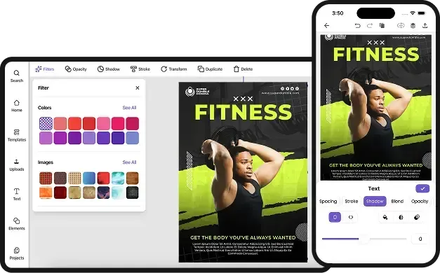 PosterMaker AI design platform editor on desktop and mobile